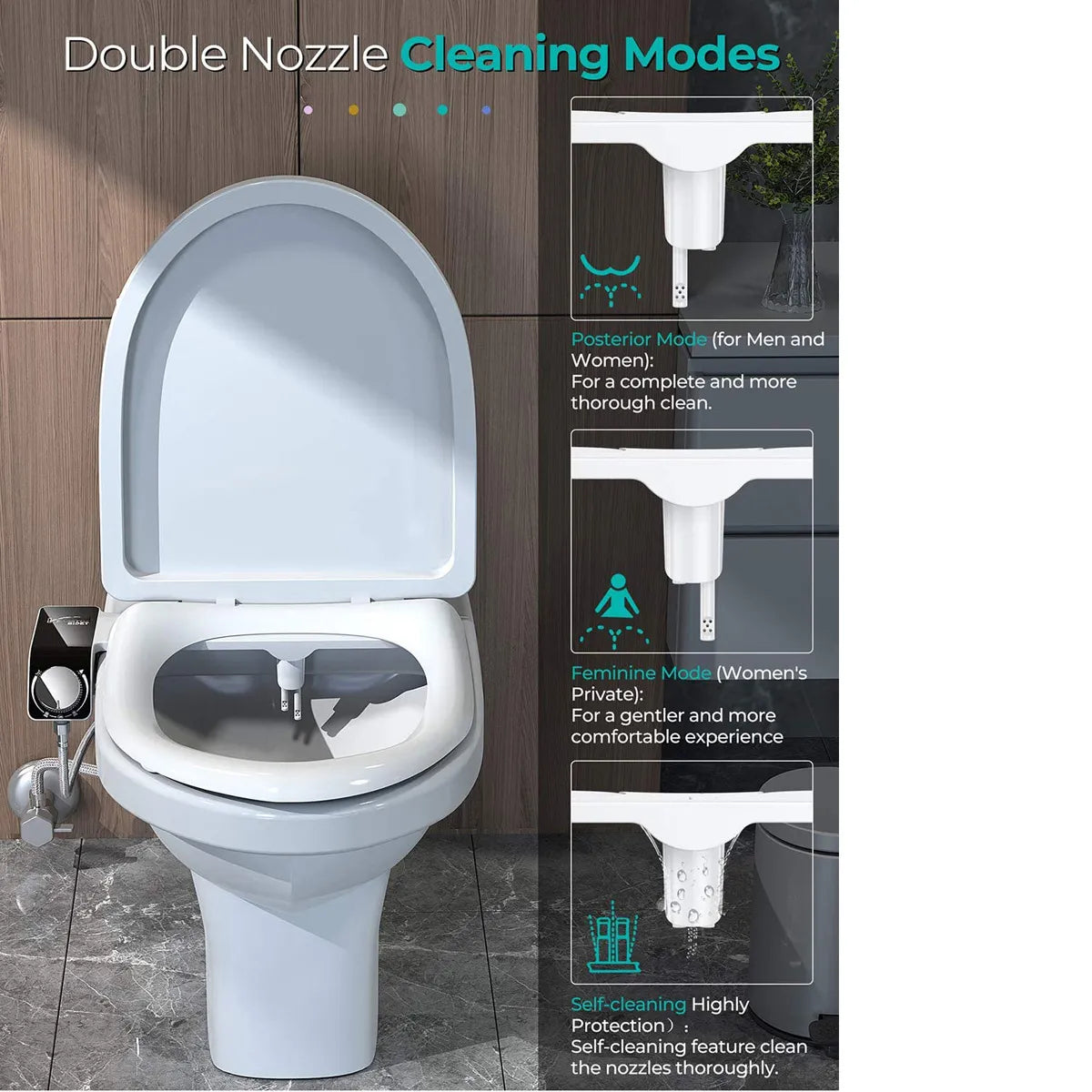 Bidet Attachment Slim Toilet Seat Hot & Cold Double Nozzle Spiral Adjustable Water Pressure Non-Electric Butt Sprayer With Hose