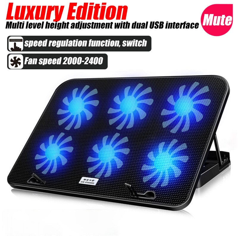 Laptop PC Cooler 2 USB Ports 6 Fan 13-18 Inch / 13à17 pouces