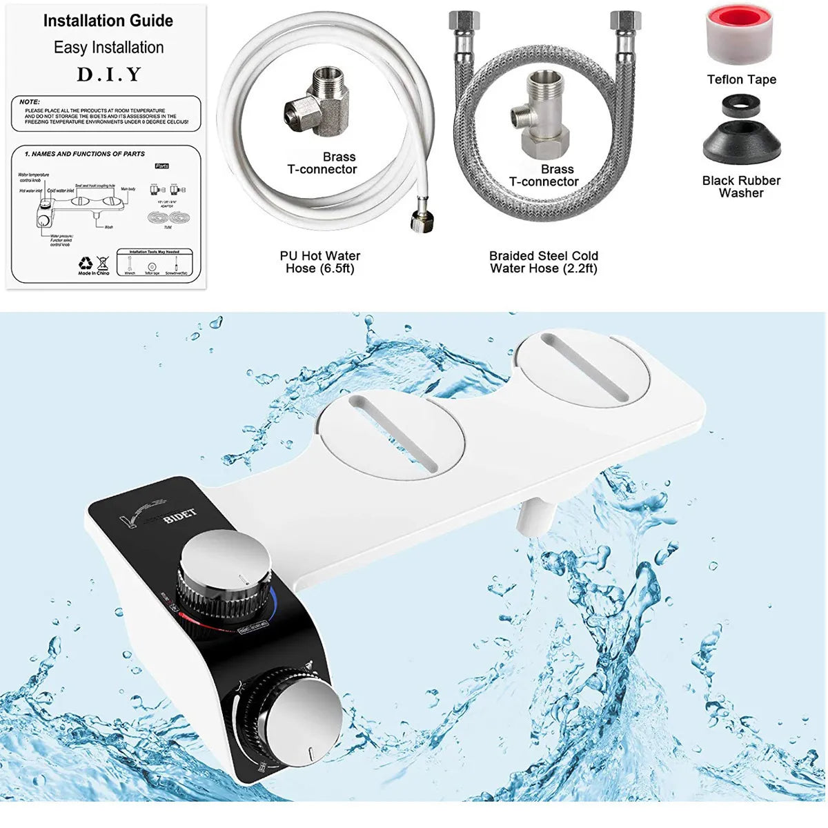 Bidet Attachment Slim Toilet Seat Hot & Cold Double Nozzle Spiral Adjustable Water Pressure Non-Electric Butt Sprayer With Hose