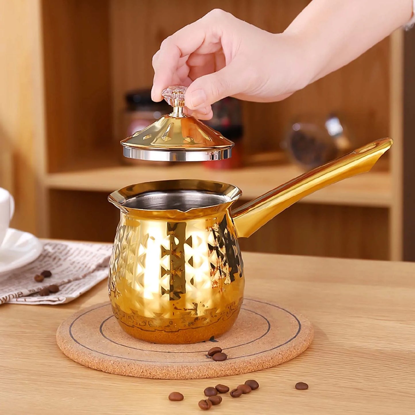 ✨ Pot à Café Turc & Lait Martelé Or – Inox avec Couvercle