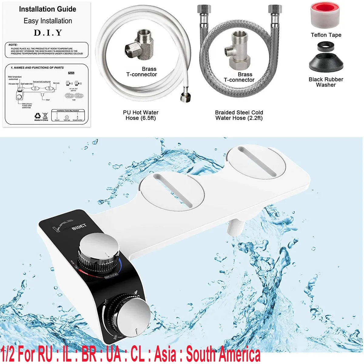 Bidet Attachment Slim Toilet Seat Hot & Cold Double Nozzle Spiral Adjustable Water Pressure Non-Electric Butt Sprayer With Hose