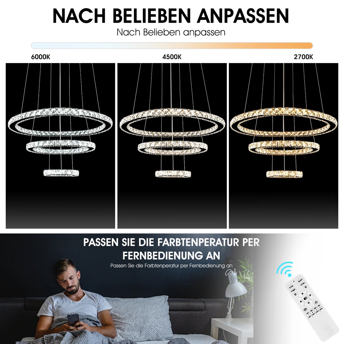 Lustre Cristal LED Moderne – 3 Anneaux Réglables (60W)