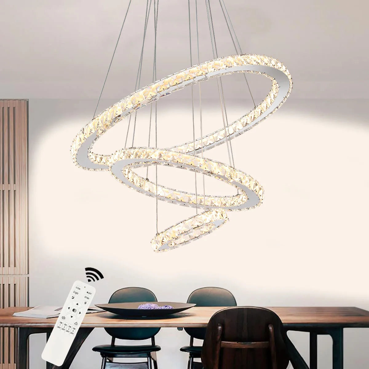 Lustre Cristal LED Moderne – 3 Anneaux Réglables (60W)