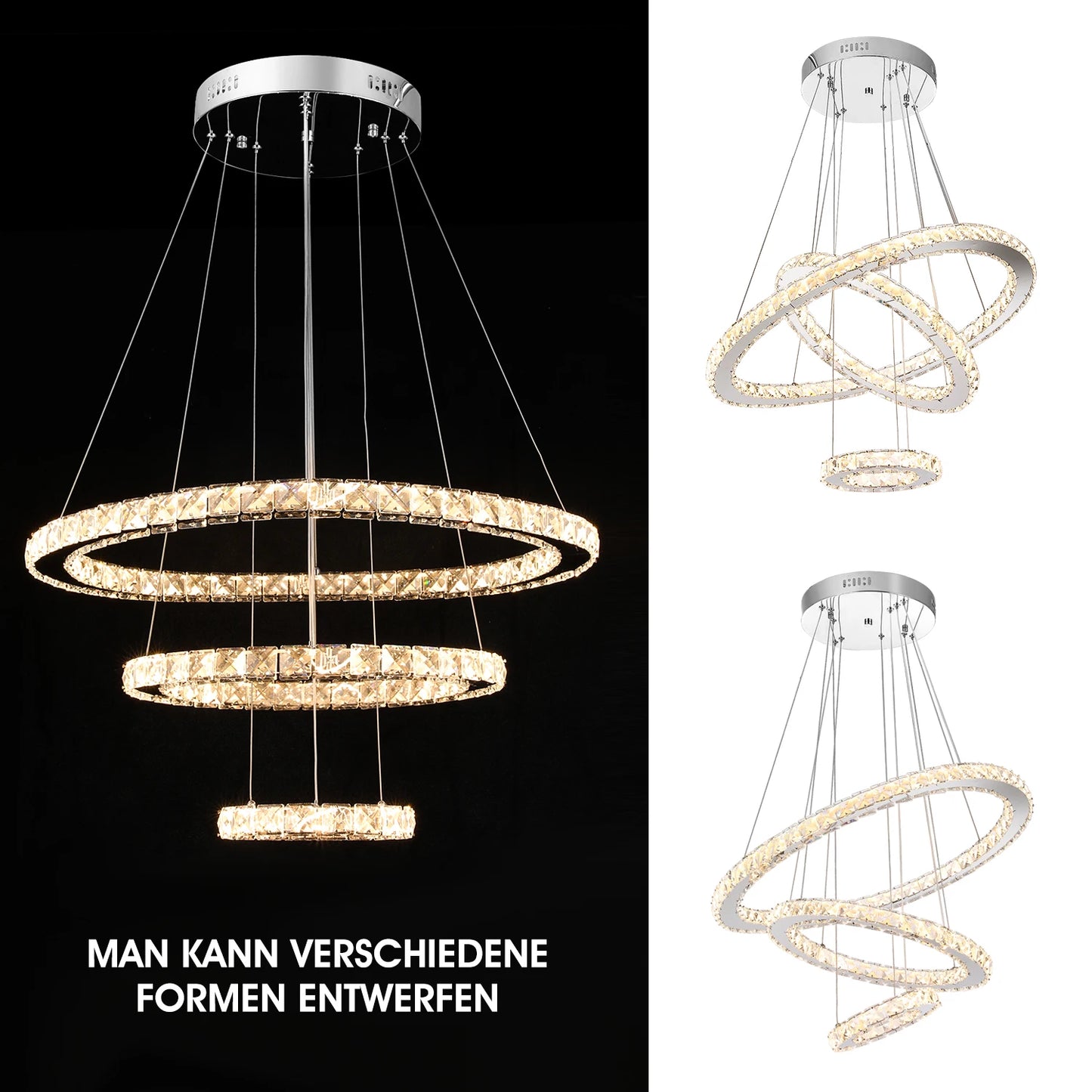 Lustre Cristal LED Moderne – 3 Anneaux Réglables (60W)