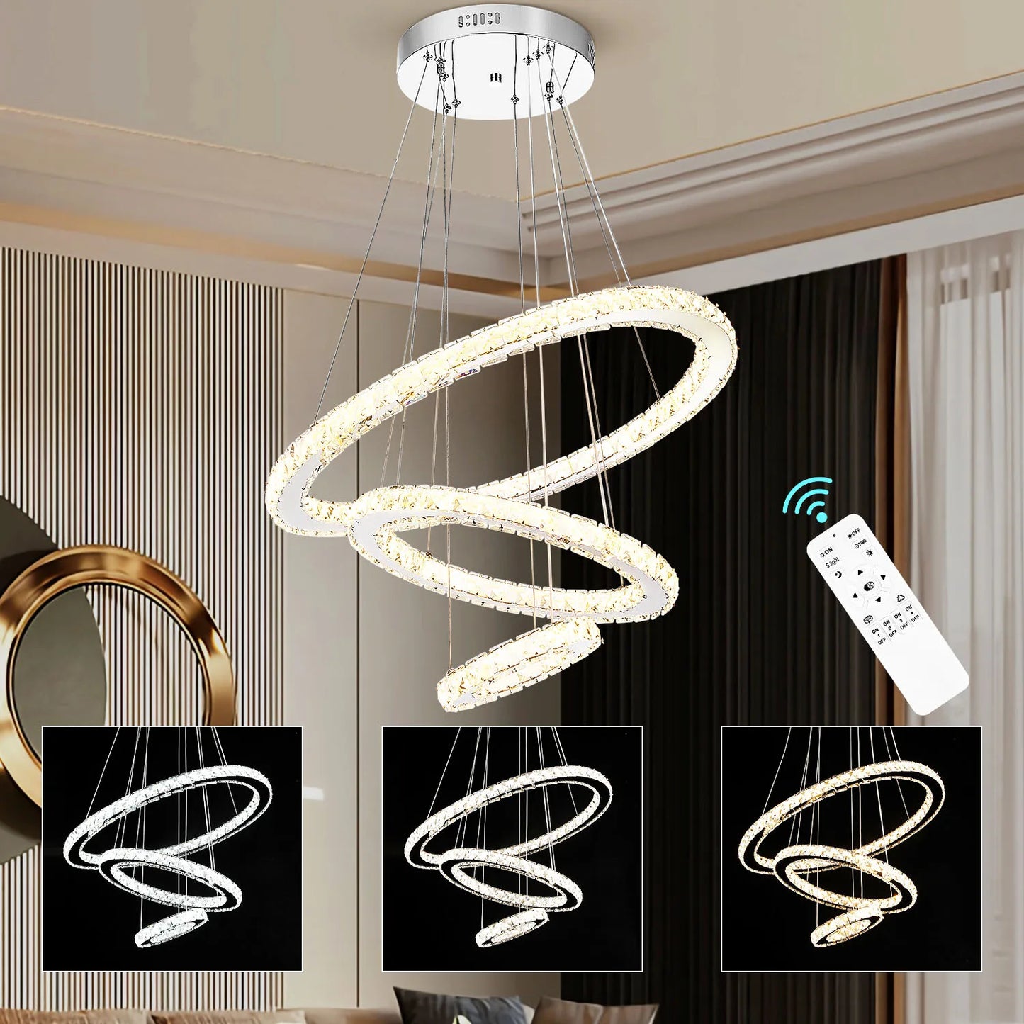 Lustre Cristal LED Moderne – 3 Anneaux Réglables (60W)