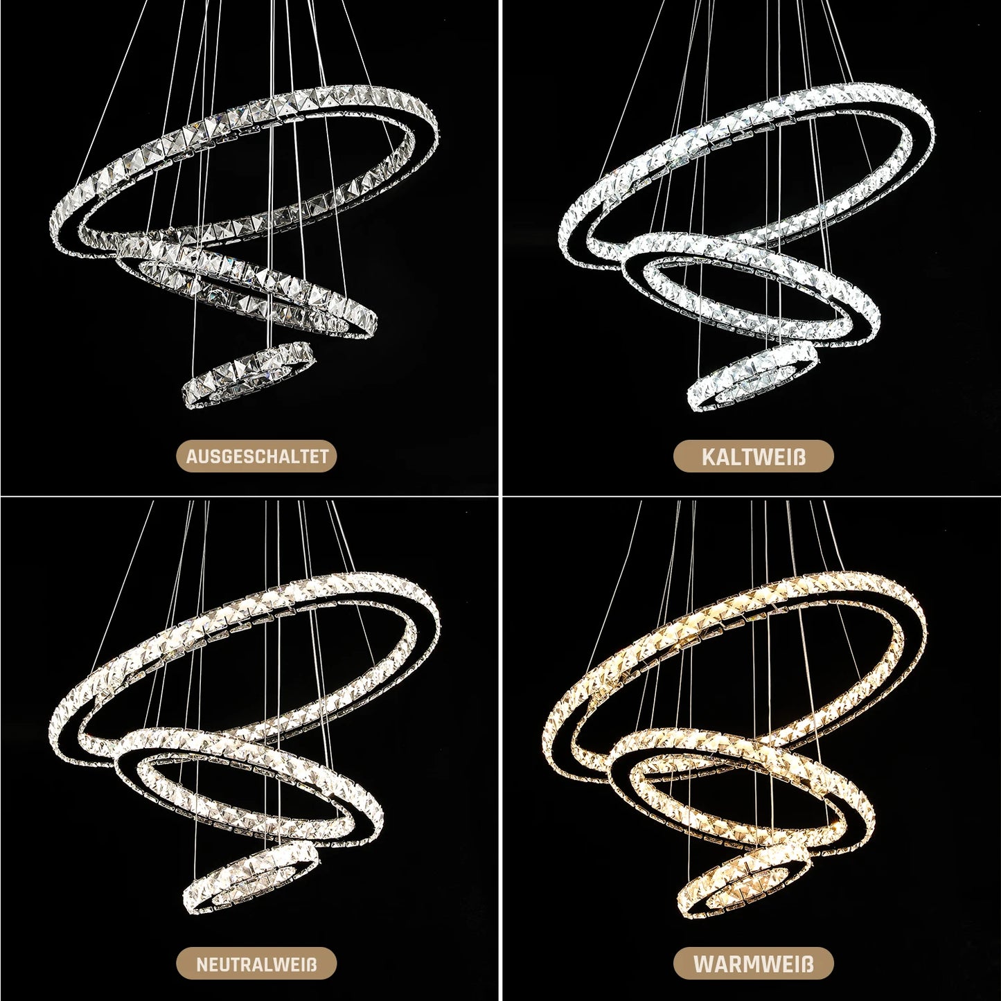 Lustre Cristal LED Moderne – 3 Anneaux Réglables (60W)